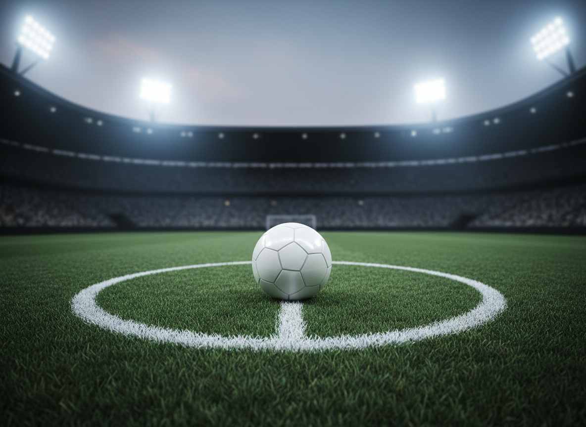 Profesyonel bir futbol haber sitesinin ana sayfası için, yeşil çimlerin dokusunun net biçimde görüldüğü kusursuz bir stadyum sahası, merkezde parlak beyaz çizgilerle belirginleşmiş orta yuvarlak ve üzerinde ışığı yansıtan modern bir maç topu. Arka planda hafif flu, devasa tribünler ve dört bir yandan sahayı aydınlatan güçlü projektörler, akşamüstü gökyüzüne karışan soğuk beyaz ışık yayıyor. Fotoğrafik realizmde, hafif yükseltilmiş açıyla çekilmiş, topa net odaklanan ve arkayı bokeh bırakan kompozisyon. Atmosfer, Şampiyonlar Ligi ve FIFA seviyesinde üst düzey futbolu çağrıştıran ciddi, profesyonel ve dinamik bir his veriyor.
